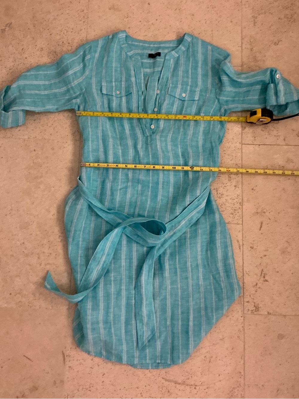 Talbots Linen Belted Turquoise and White Striped Dress - Picture 5 of 8